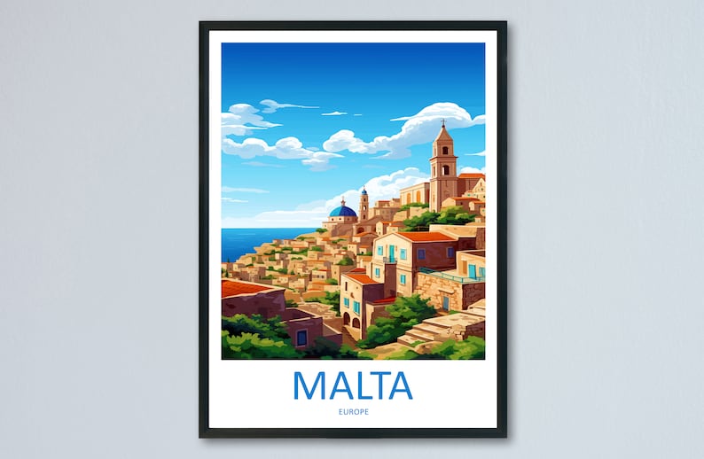 Puede incluir: Una ilustraci&oacute;n colorida de un paisaje urbano en Malta, Europa. La imagen presenta una colecci&oacute;n de edificios con techos de terracota, una iglesia con c&uacute;pula azul y un alto campanario. El cielo es azul con nubes blancas, y el mar es visible en el fondo.