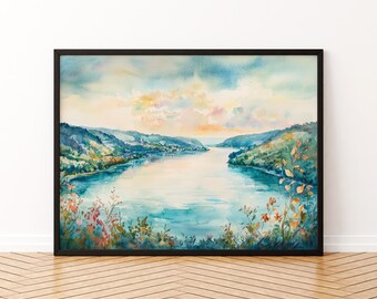Donau aquarel poster landschap muur kunst Donau muur opknoping woondecoratie Donau cadeau kunstliefhebbers Oostenrijk muur kunst