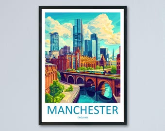 Póster de viaje de Manchester, arte mural de Inglaterra, impresión de paisaje urbano, ilustración urbana, decoración industrial, regalo de ciudad del norte, recuerdo de Manchester