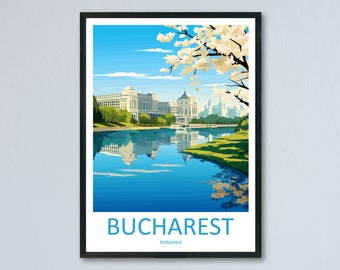May include: A colorful illustration of a cityscape with a lake and a building reflected in the water. The sky is blue with white clouds. The text "BUCHAREST ROMANIA" is at the bottom of the image.