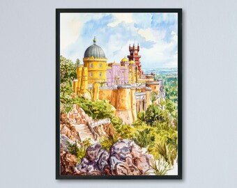 Plakat z akwarelą w Sintrze, dekoracja ścienna do domu, Sintra, prezent dla miłośników sztuki, Portugalia, sztuka ścienna