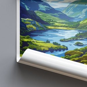 May include: A painting of a scenic landscape with a winding river flowing through a valley surrounded by lush green hills and mountains. The sky is a light blue with white clouds.