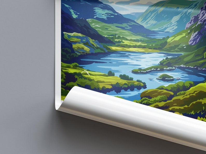 May include: A painting of a scenic landscape with a winding river flowing through a valley surrounded by lush green hills and mountains. The sky is a light blue with white clouds.
