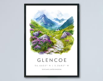 Póster de acuarela de Glencoe. Impresión de viaje de Glencoe. Arte mural de Glencoe. Pintura de paisaje de Glencoe. Recuerdo de Glencoe. Decoración de Escocia.