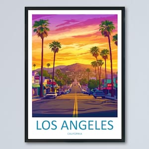 Los Angeles Travel Poster California Wall Art Cityscape Print Palm Tree View Illustration Skyline Decor LA Gift Souvenir Scene