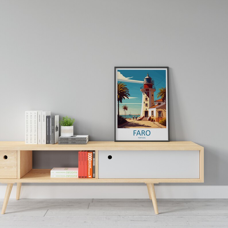 May include: A framed illustration of a lighthouse in Faro, Portugal. The illustration is in a retro style with a blue sky, palm trees, and a white lighthouse with a red roof. The text "FARO, PORTUGAL" is printed below the illustration.