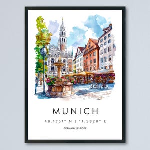 München Aquarell Poster München Deutschland Reise Druck Wandkunst München Wohnkultur München Geschenk Kunstliebhaber München Stadtbild München