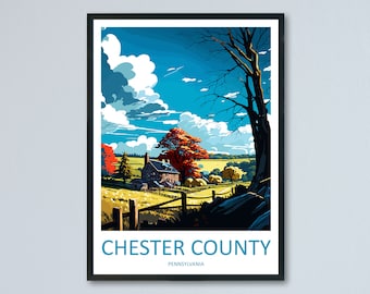 Puede incluir: Una ilustración colorida de un paisaje rural con una casa de campo, árboles y una cerca. El cielo es azul con nubes blancas. El texto "CHESTER COUNTY PENNSYLVANIA" está en la parte inferior de la imagen.