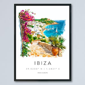 Ibiza Watercolor Poster Ibiza Travel Print Spain Wall Art Ibiza Decor Coastal Scene Sunset Beach View Balearic Island Landscape Print