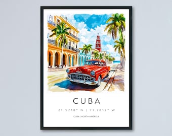 Kuba Aquarell Poster Wandkunst Kuba Wandbehang Home Décor Kuba Geschenk Kunstliebhaber Kuba Wandkunst