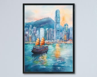 香港シティトラムプリント：モダンブルーアーバンアート - Etsy 日本