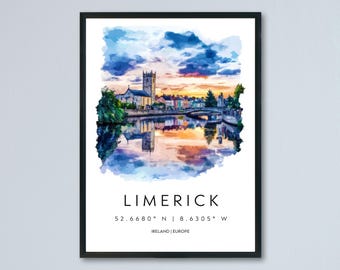 Limerick Aquarell Poster Wandkunst Limerick Wanddekor Home Décor Limerick Geschenk Irland Kunstliebhaber Geschenk, Reise Souvenir Print