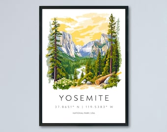 Yosemite Watercolor Poster Yosemite Travel Print Yosemite Wall Art National Park Painting Yosemite Souvenir Decor