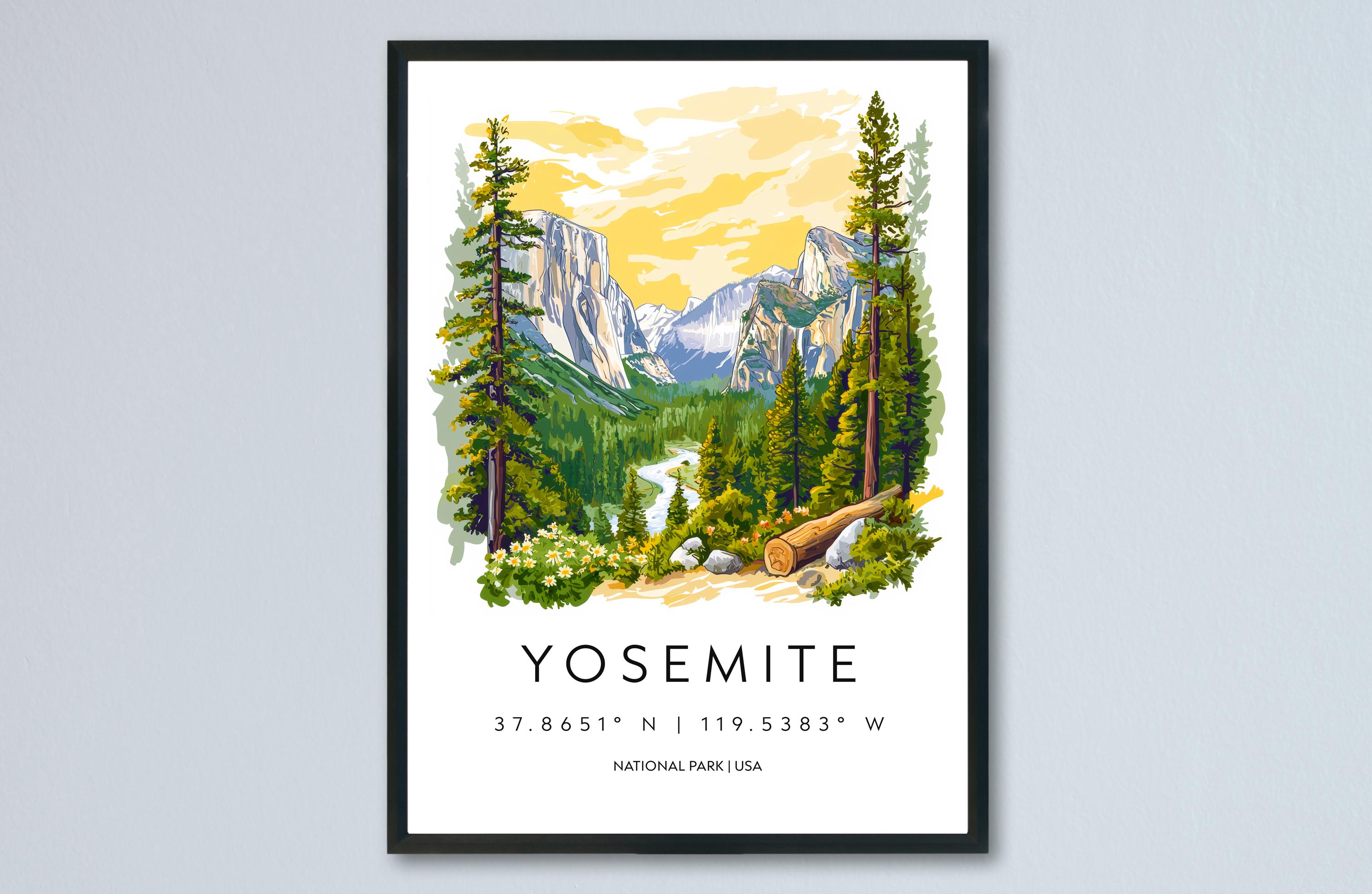 ヨセミテ水彩画ポスター、ヨセミテ旅行プリント、ヨセミテ壁アート