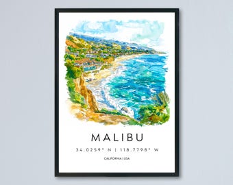 Malibu Watercolor Poster Malibu California Travel Print Wall Art Malibu Home Decor Malibu Gift Art Lovers California Beach Town