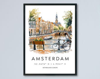 Amsterdam Watercolor Poster Amsterdam Travel Print Amsterdam Wall Art Amsterdam Cityscape Painting Amsterdam Souvenir Decor