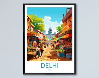May include: A colorful illustration of a street scene in Delhi, India. The street is lined with shops and stalls selling fresh produce, clothing, and other goods. People are walking along the street, and there are buildings in the background.