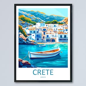 Póster de viaje de dibujos animados de Creta, arte mural de Grecia, impresión de paisaje insular, decoración costera, ilustración de ruinas antiguas, regalo de naturaleza de Creta, recuerdo