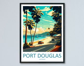 May include: A vintage travel poster featuring a scenic view of Port Douglas, Australia. The poster depicts a palm tree lined road leading to a beach with turquoise water and a mountain range in the background. The text "PORT DOUGLAS" and "AUSTRALIA" is displayed at the bottom of the poster.