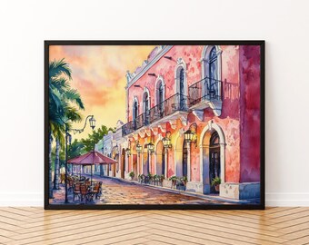 Mérida Mexiko Aquarell Poster Mérida Reisedruck Kolonialstadt Malerei Architektur Wandkunst Yucatán Souvenir
