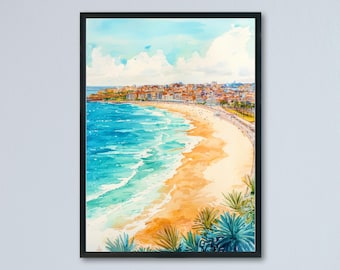 Póster de acuarela de Bondi Beach, arte de pared, colgante de pared de Bondi Beach, decoración del hogar, regalo de Bondi Beach, amantes del arte, arte de pared de Australia