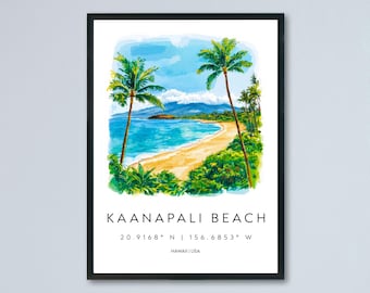 May include: Framed watercolor print of Kaanapali Beach in Hawaii. The artwork depicts a sandy beach, turquoise water, and palm trees under a blue sky. The print includes the beach name and coordinates.