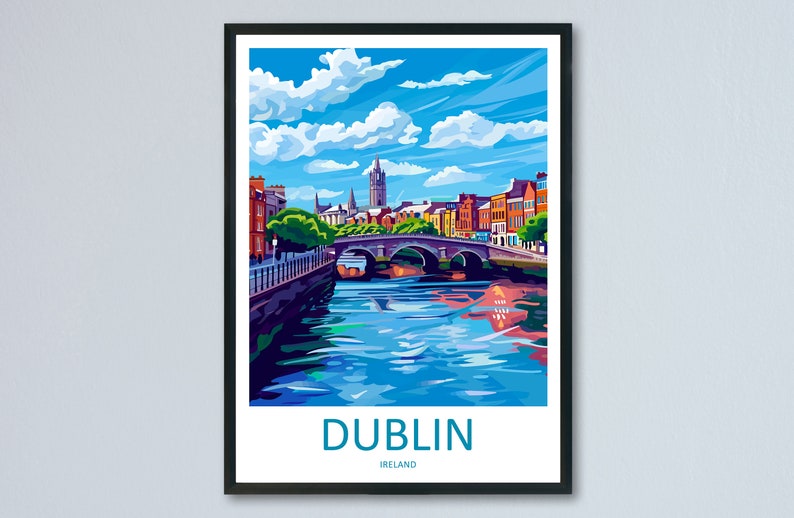 May include: A colorful illustration of the Ha'penny Bridge in Dublin, Ireland. The bridge is a popular tourist destination and is known for its distinctive design. The illustration features a blue sky with white clouds, a river with reflections of the bridge, and buildings on both sides of the river.