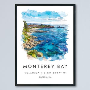 Monterey Bay Watercolor Poster Monterey Bay California Travel Print Wall Art Monterey Bay Home Decor Monterey Bay Gift Art Lovers Coastal