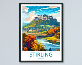 May include: A colourful illustration of Stirling Castle in Scotland. The castle sits on a hill overlooking a river and town. The image is in a retro travel poster style with a blue sky and white clouds.