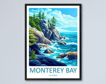 Monterey Bay Cartoon Travel Poster California Wall Art Coastal Print Ocean Illustration Nature Decor Monterey Souvenir Gift