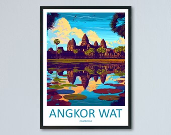 May include: A framed art print of Angkor Wat in Cambodia. The image depicts the temple complex reflected in the water, with a vibrant sky and colorful lily pads. The text "ANGKOR WAT CAMBODIA" is at the bottom.