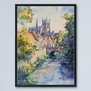 Póster de acuarela de Exeter Impresión de viaje de Exeter Arte de la ciudad de Exeter Decoración de pared de Exeter Pintura de la naturaleza de Exeter