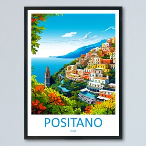 Puede incluir: Una ilustraci&oacute;n colorida de Positano, Italia, una ciudad construida en una ladera con vistas al mar Mediterr&aacute;neo. La imagen presenta un cielo azul vibrante, exuberante vegetaci&oacute;n verde y edificios coloridos con techos de terracota.