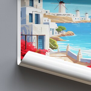 Puede incluir: Una ilustraci&oacute;n colorida de un pueblo costero con edificios blancos, flores rojas y agua azul. Hay molinos de viento en la distancia y un camino que lleva al agua.