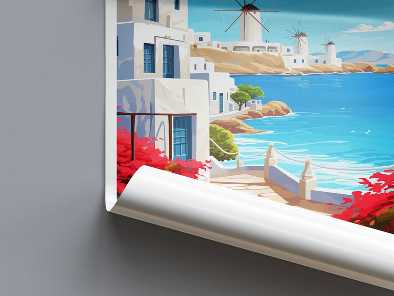 Puede incluir: Una ilustraci&oacute;n colorida de un pueblo costero con edificios blancos, flores rojas y agua azul. Hay molinos de viento en la distancia y un camino que lleva al agua.