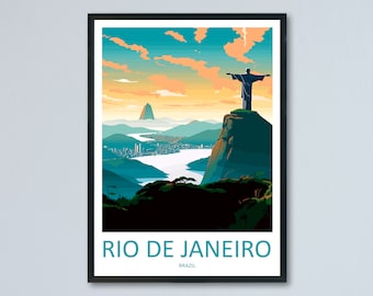 Puede incluir: Una ilustración colorida de la estatua del Cristo Redentor en Río de Janeiro, Brasil. La estatua se encuentra en la cima de una montaña con vistas a la ciudad y la bahía. El cielo es de un azul vibrante con nubes naranjas. El texto "RIO DE JANEIRO" y "BRASIL" está en la parte inferior de la imagen.