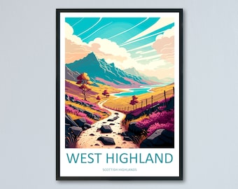 May include: A colorful illustration of a winding road leading through a valley in the Scottish Highlands. The road is lined with purple heather and leads to a lake in the distance. The mountains in the background are a vibrant blue and green. The text "WEST HIGHLAND" and "SCOTTISH HIGHLANDS" is at the bottom of the image.