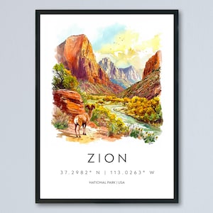 Póster de acuarela del Parque Nacional Zion, impresión de viaje a Zion, arte mural de Utah, decoración de paisaje de cañón, escena de senderismo en Zion, impresión de la naturaleza del suroeste