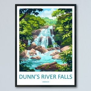 May include: A colourful illustration of Dunn's River Falls in Jamaica. The waterfall cascades down a rocky cliff, surrounded by lush green foliage.