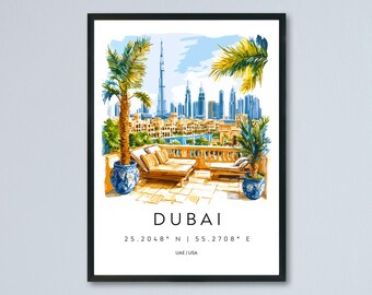 Dubai Watercolor Poster Dubai Travel Print Dubai Wall Art Dubai Skyline Painting Burj Khalifa Souvenir UAE City Decor