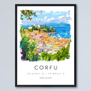 Corfu aquarel poster Corfu Griekenland reizen print kunst aan de muur Corfu Home decor Corfu cadeau kunstliefhebbers Griekenland kunst Corfu eiland uitzicht
