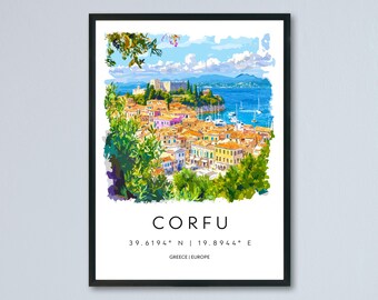 May include: Framed art print featuring a colorful watercolor painting of Corfu, Greece. The artwork depicts a coastal town with buildings in shades of yellow, pink, and orange, set against a blue sea and sky. The word "CORFU" is printed below the image.