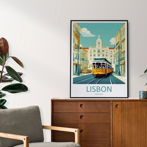 May include: A vintage-style poster with a yellow tram traveling down a street in Lisbon, Portugal. The poster has a blue, green, and yellow color scheme and features the text "LISBON, PORTUGAL".