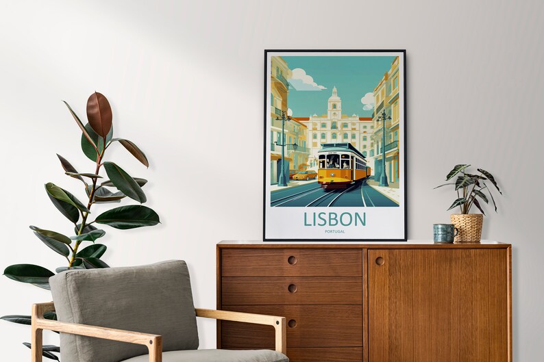 May include: A vintage-style poster with a yellow tram traveling down a street in Lisbon, Portugal. The poster has a blue, green, and yellow color scheme and features the text "LISBON, PORTUGAL".
