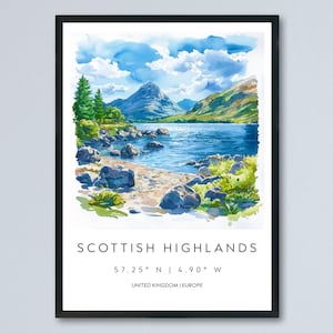 Scottish Highlands Watercolor Poster Wall Art Scottish Highlands Wall Hanging Home Décor Scottish Highlands Gift Art Lovers United Kingdom