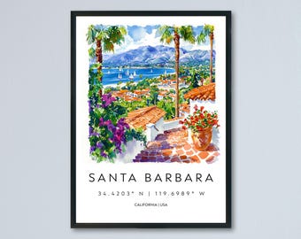 Santa Barbara Watercolor Poster Santa Barbara Travel Print Wall Art California Coast Painting Santa Barbara Decor
