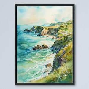 Puede incluir: Pintura a la acuarela de un paisaje costero en un marco negro. La obra representa un mar turquesa con acantilados rocosos y colinas verdes. Hay edificios blancos en los acantilados. El cielo es una mezcla de azul y amarillo.