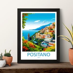 Puede incluir: Una ilustraci&oacute;n colorida de Positano, Italia, una ciudad construida en una ladera con vistas al mar Mediterr&aacute;neo. La imagen presenta un cielo azul vibrante, exuberante vegetaci&oacute;n y edificios coloridos.