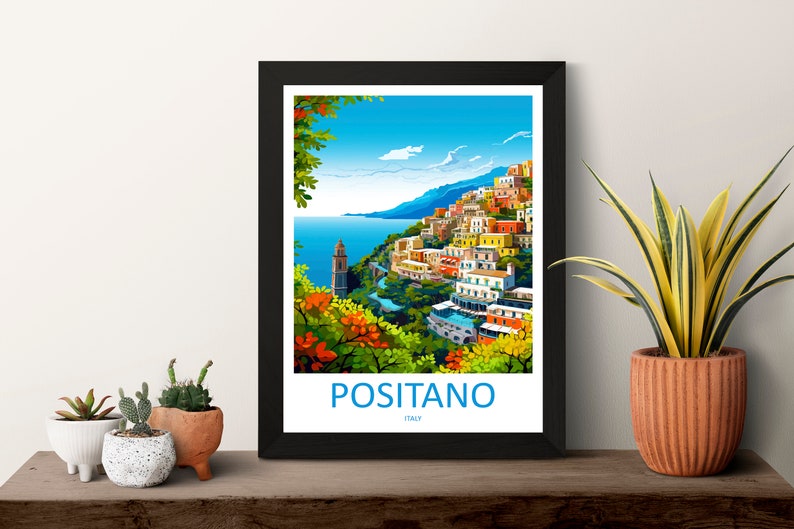Puede incluir: Una ilustraci&oacute;n colorida de Positano, Italia, una ciudad construida en una ladera con vistas al mar Mediterr&aacute;neo. La imagen presenta un cielo azul vibrante, exuberante vegetaci&oacute;n y edificios coloridos.