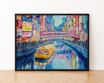 【50×100cm】道頓堀ブルース｜大阪夜景アート・油画肌理版画・キャンバス作品 道頓堀の夜景アートプリント：大阪・日本旅行ポスター - Etsy 日本